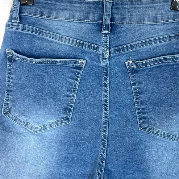 Distressed High Waisted Roll Cuffed Stretch Denim Blue Jean Shorts Women's Small - Picture 7 of 8